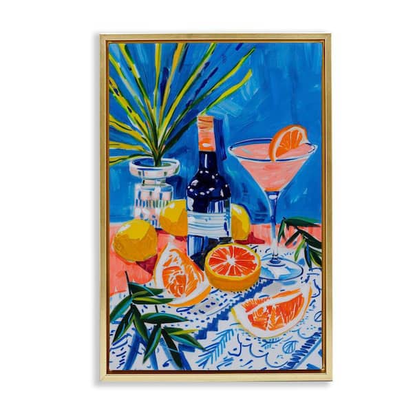 Stupell Industries Wine Bottle & Citrus by LSR Design Studio Gold Floater Frame Food Graphic Art Print 25 in. x 17 in.