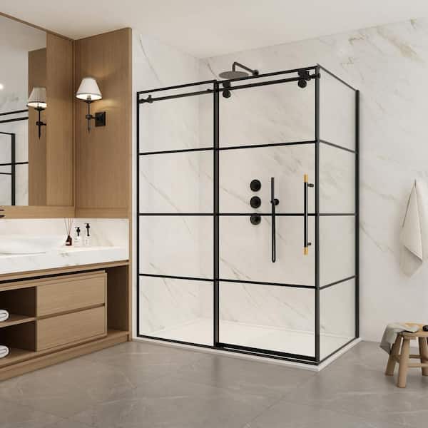ROSWELL Losar 60 in. W x 78 in. H Rectangle Sliding Frameless Corner Shower Dooe Enclosure in Matte Black with Clear Glass