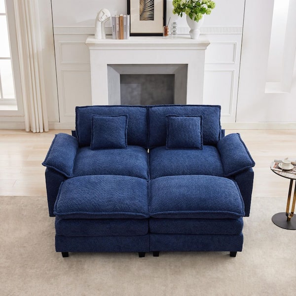 74.8 in. Width Convertible Fabric Sectional Sofa Couch with 2-Ottoman in Navy