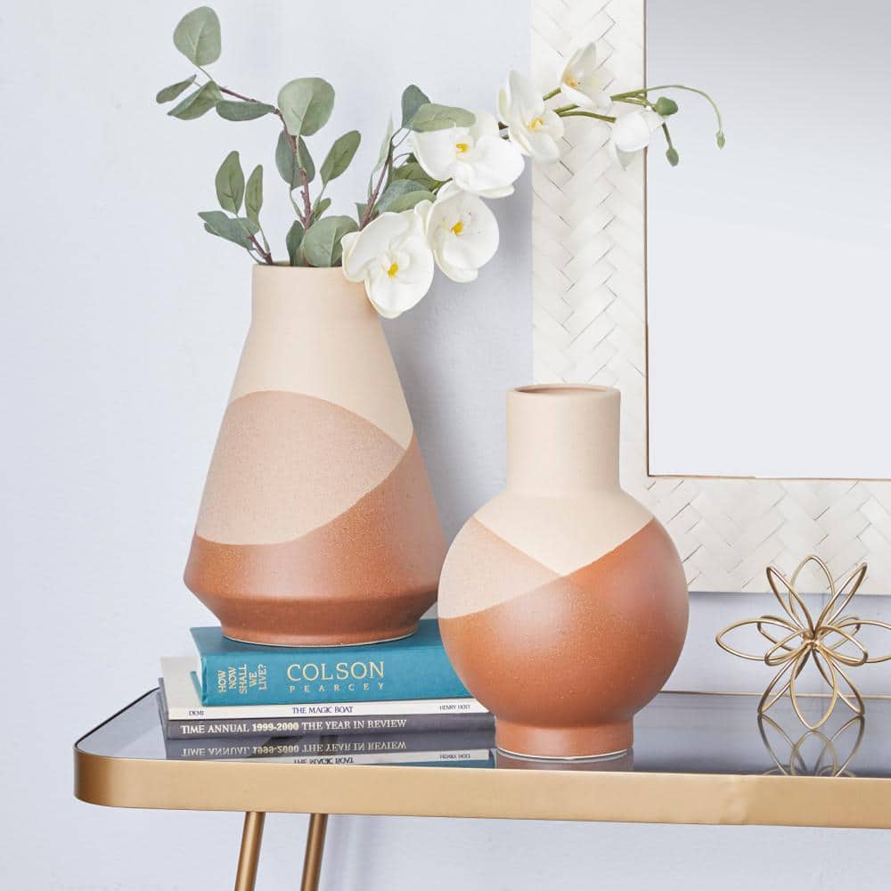 Set of 2 Tan and Terracotta Geometric Ceramic Vases