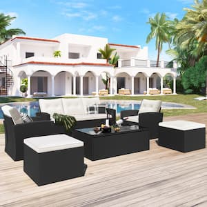 Black 6-Piece Wicker PE Rattan Outdoor Conversation Sectional Set with Coffee Table, Ottomans, Removable Beige Cushions