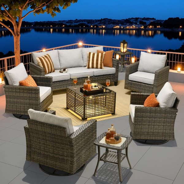 HOOOWOOO Scarlet 8-Piece Wicker Outdoor Patio Conversation Sofa Set with a Solar-Lit Table, Swivel Chairs and Light Grey Cushions