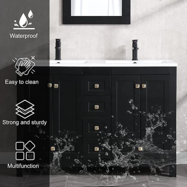 48 in. W. x 18 in. D x 34 in. H Double Sink Freestanfing Bath Vanity in Black with White Resin Top and Drain Faucet Set