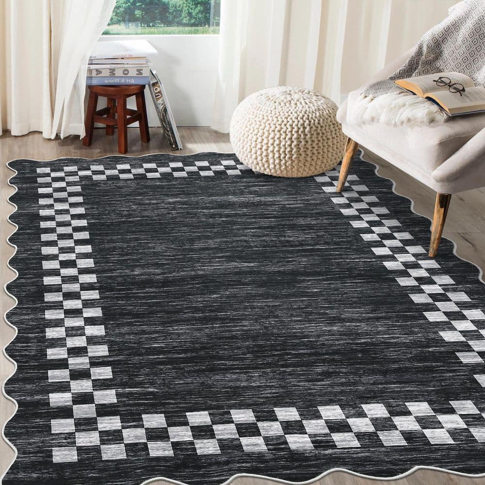 Dark Gray 8 ft. x 10 ft. Non-Slip Block Print Rug Machine Washable ...