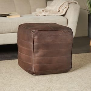 18 in. Dark Brown Leather with Linear Panels Pouf