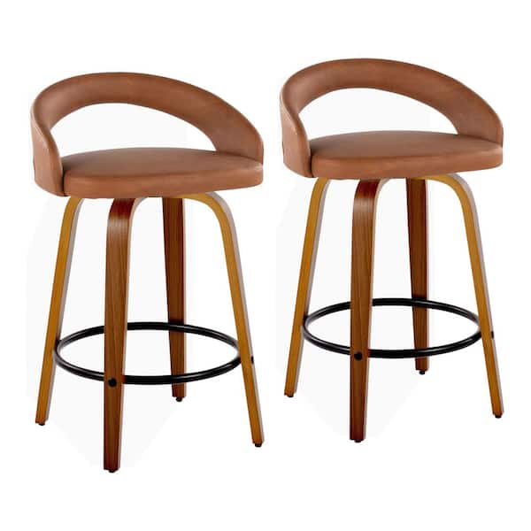 Lumisource Grotto 25.25 in. Camel Faux Leather, Walnut Wood, and Black Metal Fixed-Height Counter Stool (Set of 2)