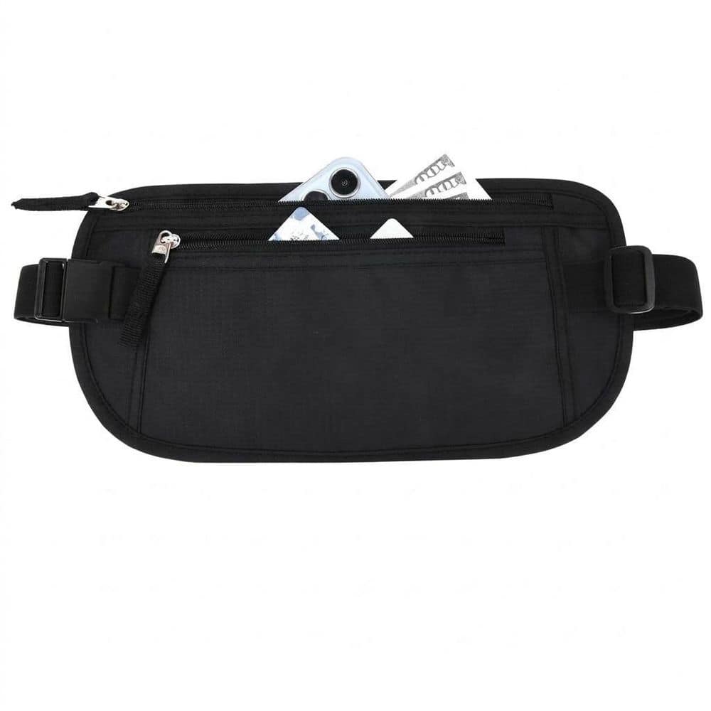 Black Slim Hidden Travel Fanny Pack RFID Blocking Anti-Theft Money Belt Passport Holder Water Resistant