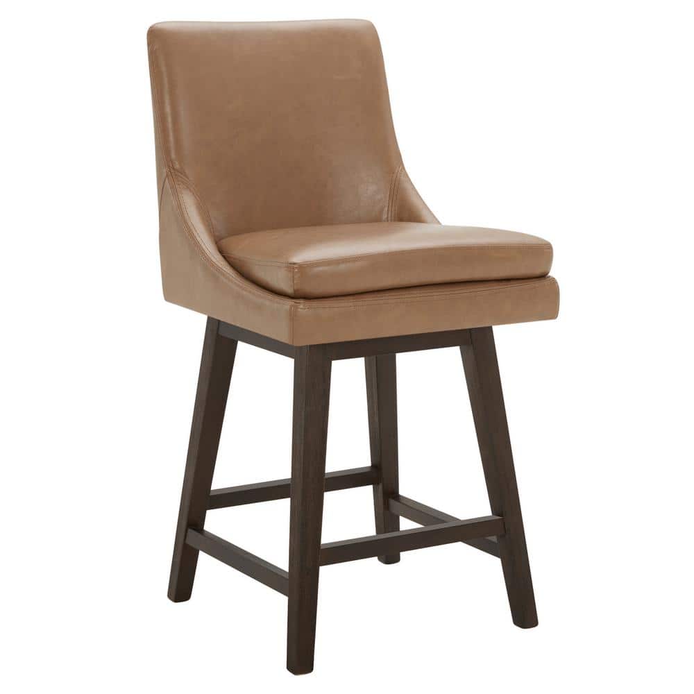 Saddle Brown Faux Leather Swivel Counter Stools with Espresso Wood Frame, Set of 2
