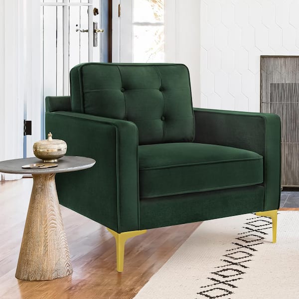 LUE BONA Dark Green Fabric Upholstered Single Sofa Chair Modern Accent Armchair Gold Metal Chair Legs