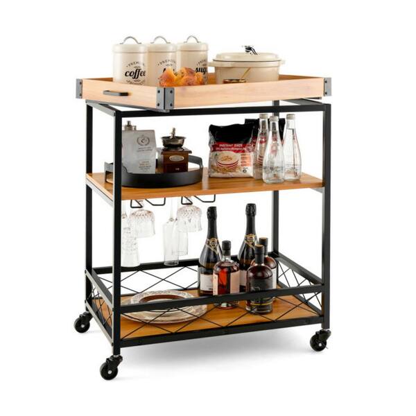 Black and Oak Industrial Vintage Style Mobile Bar Kitchen Cart Wood Metal  Serving Trolley LNN-SY110502785 - The Home Depot