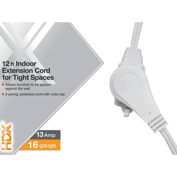 Uninex Flat Angle Plug Extension Cord - 12-Foot Twin Tap With 6 Outlets, UL Listed White Cord