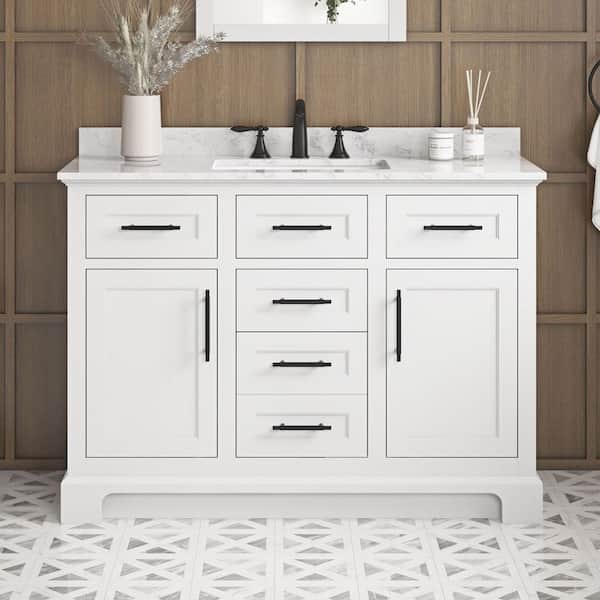 Doveton 48 in. Single Sink Freestanding White Bath Vanity with White Engineered Marble Top (Assembled)