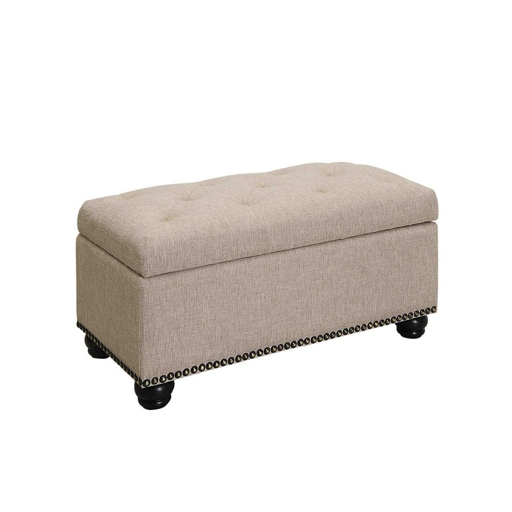 Tan Tufted Fabric Storage Ottoman with Nailhead Trim