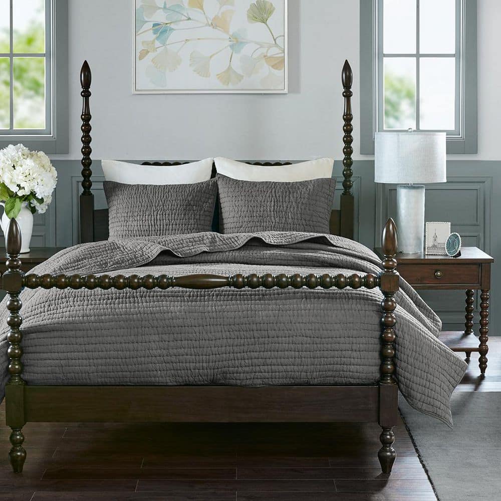 Gray Full Cotton Hand Quilted 3-Piece Quilt Set
