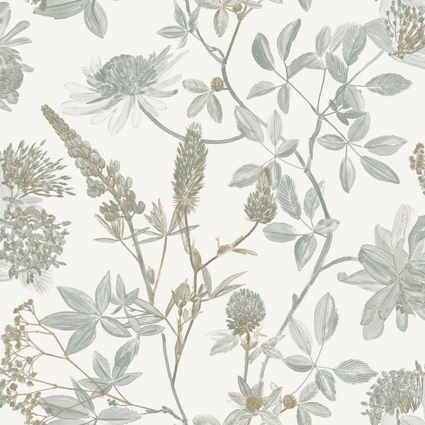 Botanical Blueprint Painterly Branches Green with Ecru Cream Ground Wallpaper Sample