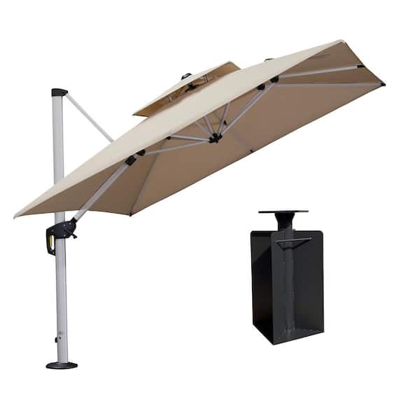 PURPLE LEAF 9 ft. Square High-Quality Aluminum Cantilever Polyester Outdoor Patio Umbrella with Base in Ground, Beige
