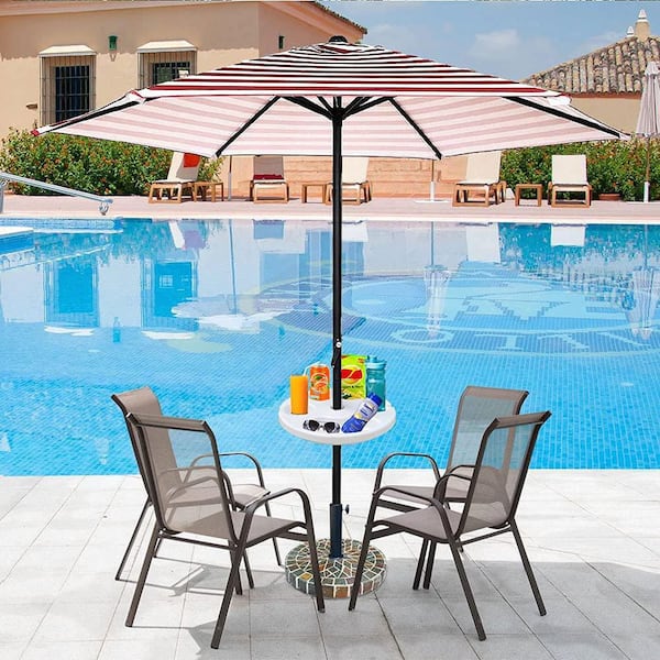 13 in. White Round Plastic Picnic Tables, Umbrella Table Tray for Beach, Patio, Garden, Swimming Pool with Cup Holders