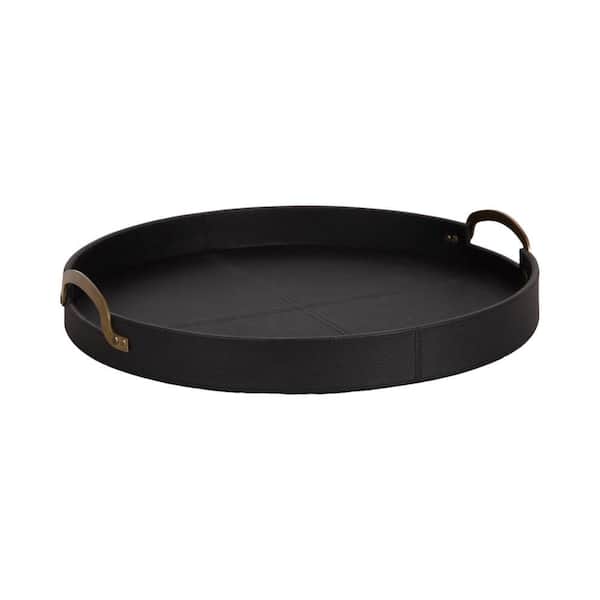 Kate and Laurel Oxbury Black/Gold Round 18 in. Faux Leather Decorative Tray