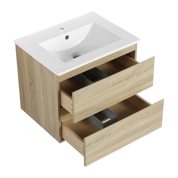 ANGELES HOME 24 in. W x 18.3 in. D x 20.5 in. H Wall Mounted Bath Vanity in Light Oak with White Ceramic Top, Single Sink, Soft Close