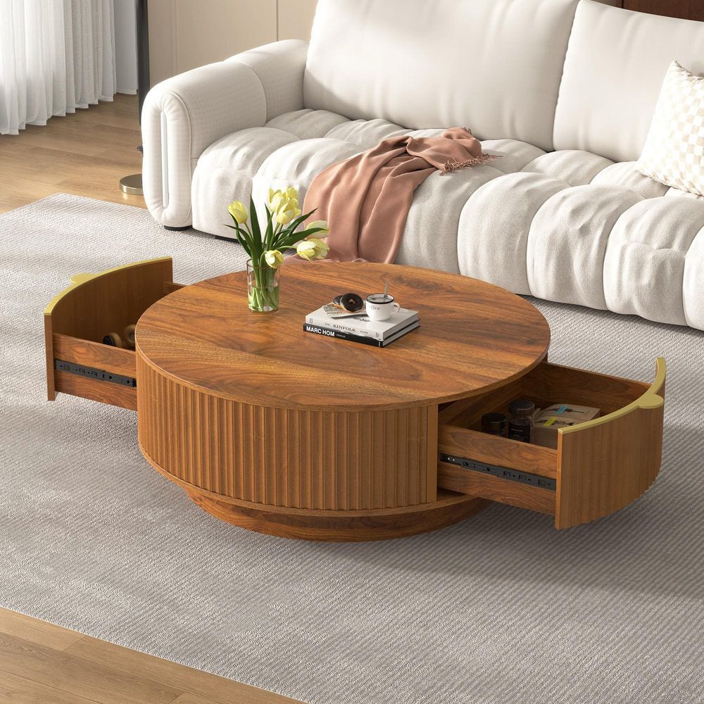 35.4 in. Brown Round Wood Coffee Table with Storage Drawer,Golden Handle price history on PriceWatchPro
