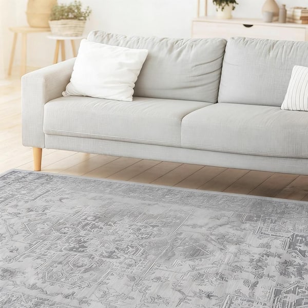 6 ft. x 7 ft. Silver Floral Washable for Bedroom, Dining Room, Living Room Area Rug