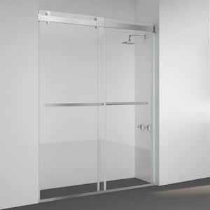 Spezia 56 in. W x 76 in. H Double Sliding Seimi-Frameless Shower Door in Brushed Nickel with Clear Glass