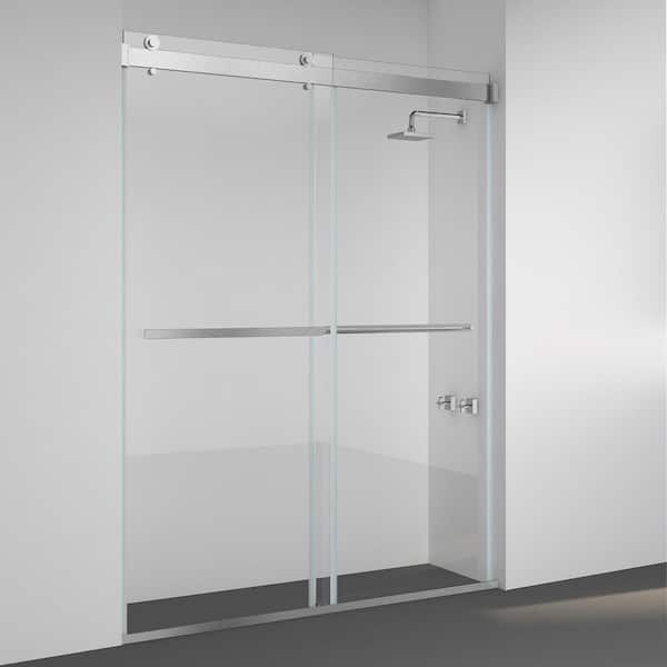 ROSWELL Spezia 56 in. W x 76 in. H Double Sliding Seimi-Frameless Shower Door in Brushed Nickel with Clear Glass