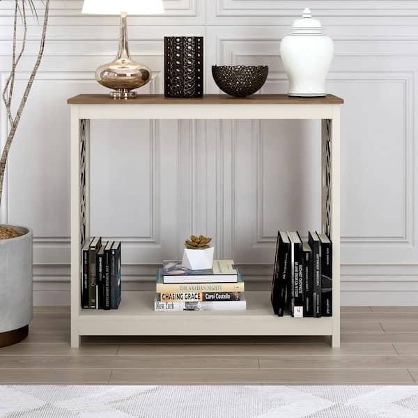 GALANO Nagata 38.1 in. Ivory with Knotty Oak Rectangle Engineer Wood Console Table