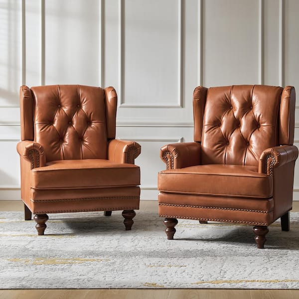 Alberto Saddle 34 in. W Traditional Oil Wax Genuine Leather Accent Chair with Soild Wood Legs (Set of 2)