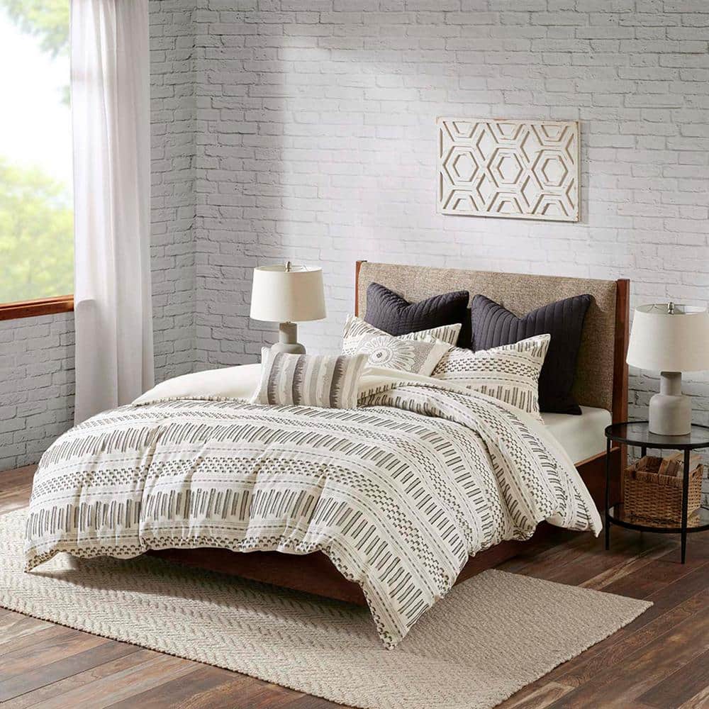 King/Cal Ivory Cotton Jacquard Soft Duvet Cover Mini Set, Duvet Covers and 