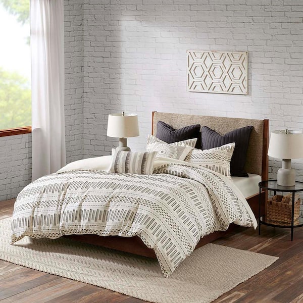 Cotton Jacquard Comforter Mini Set Ivory/Charcoal King/Cal King