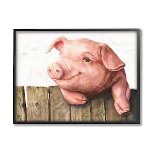 "Piglet on Wooden Fence Pink Farm Animal" by George Dyachenko Framed Animal Wall Art Print 11 in. x 14 in.