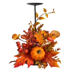 12 in. Orange Fall Maple Leaves, Berries and Pumpkin Autumn Harvest Candle Holder