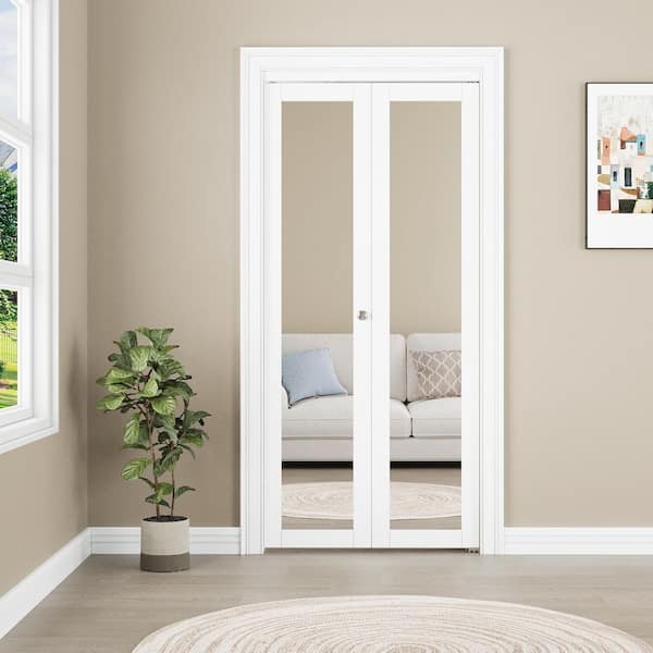36 in. x 80 in. 1-Lite Mirror Glass and Solid Core White Finished MDF Interior Closet Bi-Fold Door with Hardware