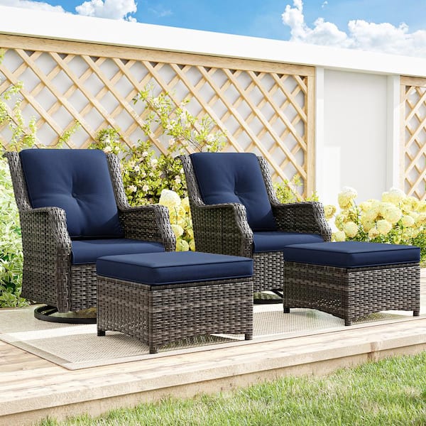 4-Piece Wicker Outdoor Pation Conversation Swivel Rocking Chair Set with Blue Cushions