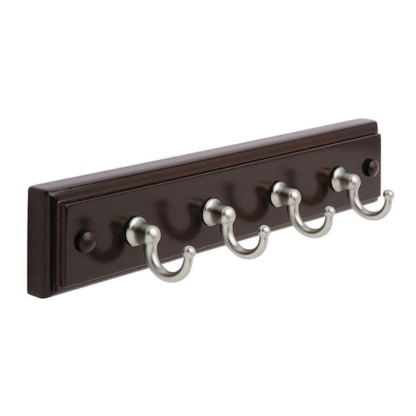 Amerock 9 in. Mahogany Wood Classic Key and Gadget Rack with Brushed Nickel Hooks