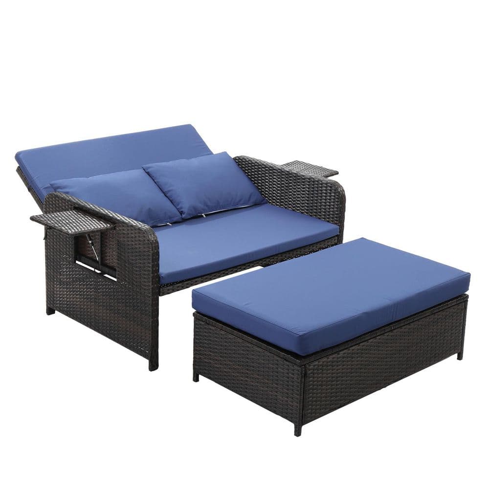 Brown Adjustable Backrest Wicker Outdoor Day Bed with Blue Cushions price history on PriceWatchPro