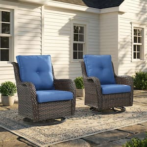 Carolina 2-Person High Back Brown Wicker Outdoor Rocking Chair Set Patio Swivel Chair Set with Blue Cushions