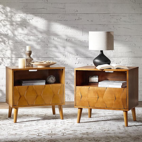 JAYDEN CREATION Rutenio Acorn Mid-Century Modern 1-Drawer 24 in. Nightstand with Charging Ports Set of 2