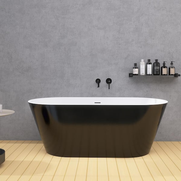 LORDEAR 59 in.x 29.5 in. Acrylic Flatbottom Freestanding Bathtub in Black with Overflow and Drain Oval Soaking Bathtub
