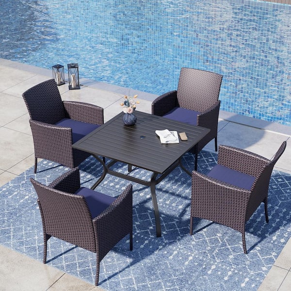 PHI VILLA Black 5-Piece Metal Patio Outdoor Dining Set with Slat Metal Square Table and Rattan Chairs with Blue Cushion