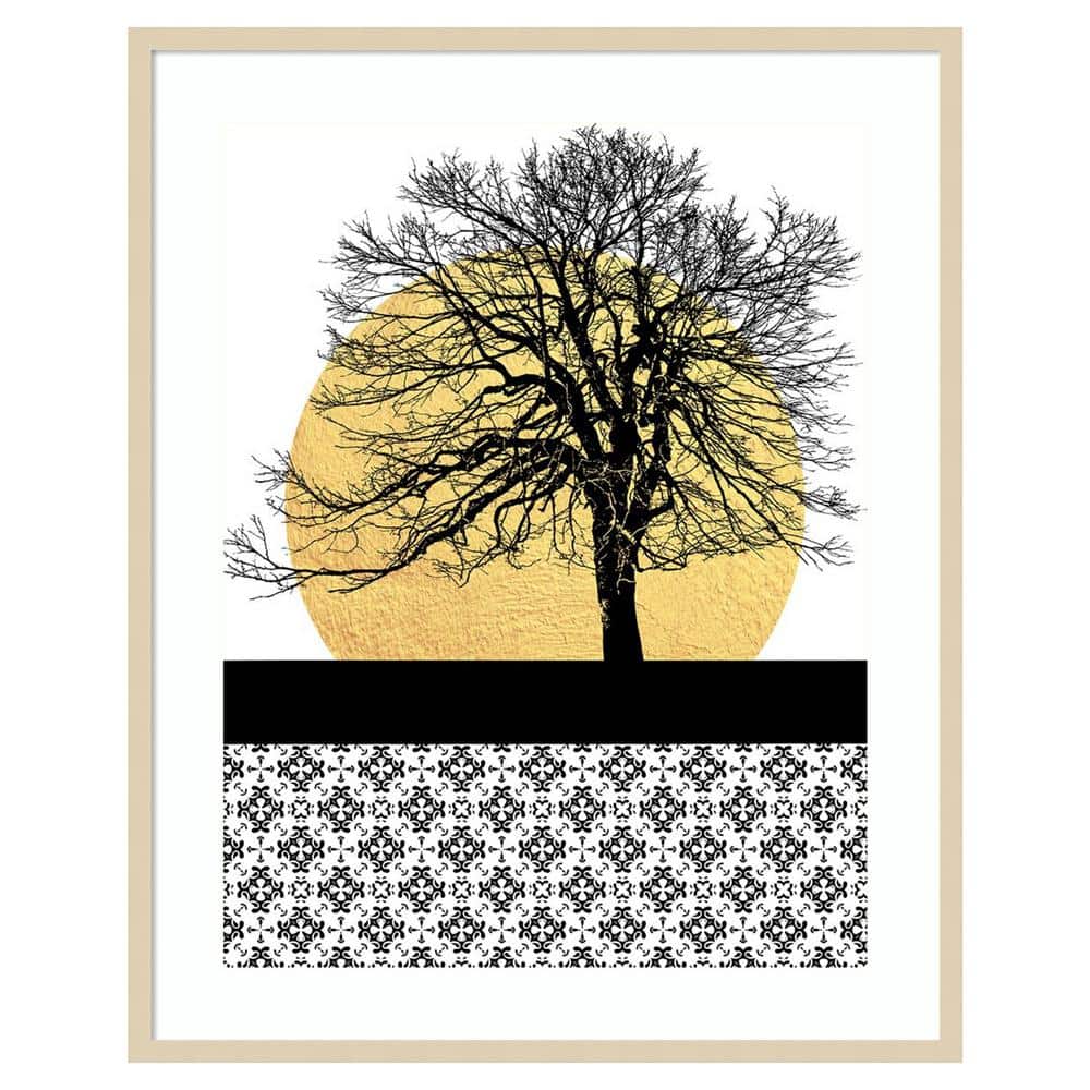Yellow Moon Rising I Abstract Nature Lithograph with Brown Wood Frame