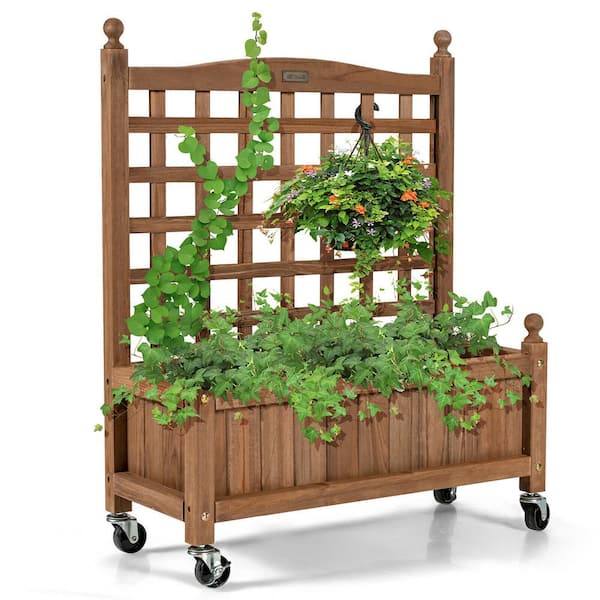 32in Wood Planter Box w/Trellis Mobile Raised Bed for Climbing Plant