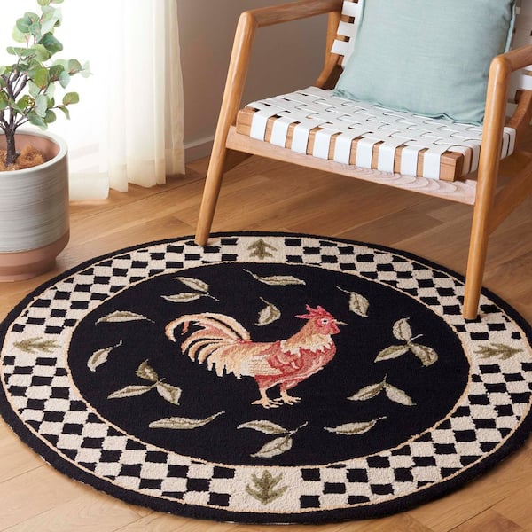 Vintage Posters 4 ft. x 4 ft. Round Black/Ivory Rooster Border Area Rug