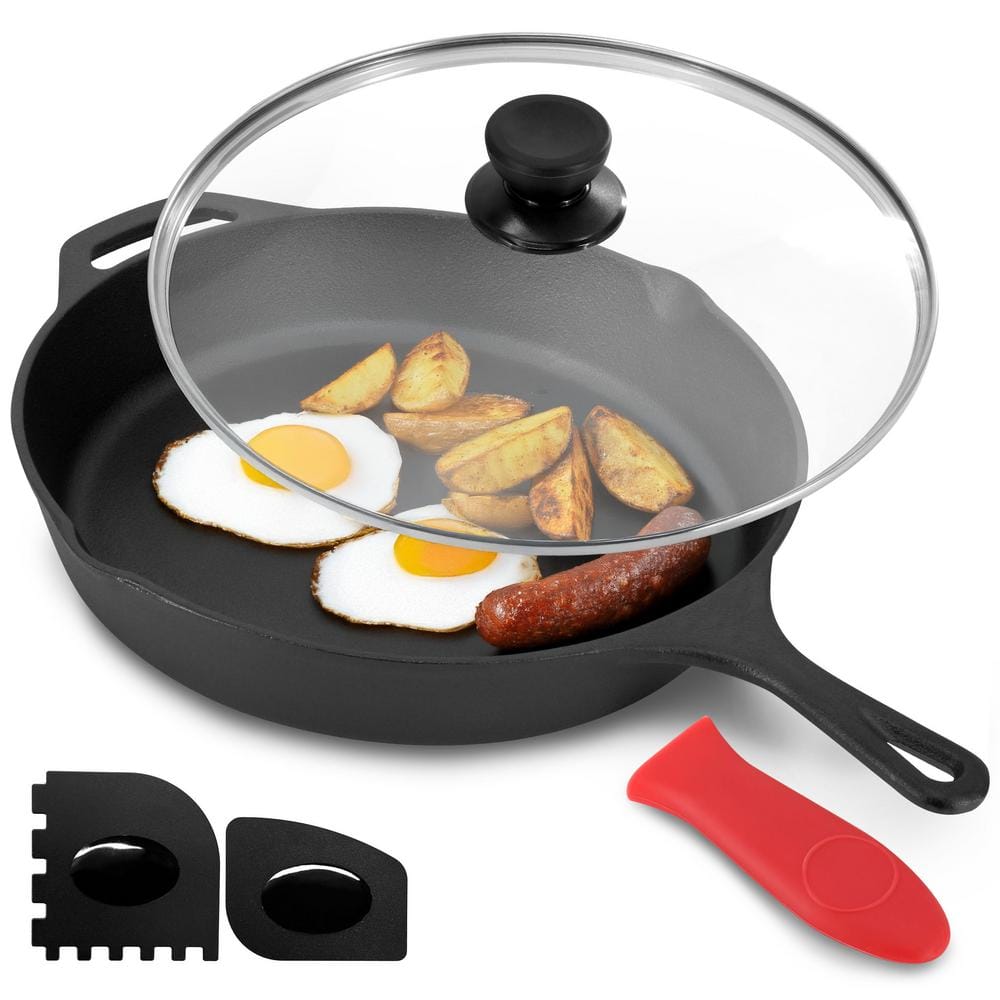 12 Inch Black Cast Iron Skillet with Glass Lid and Accessories