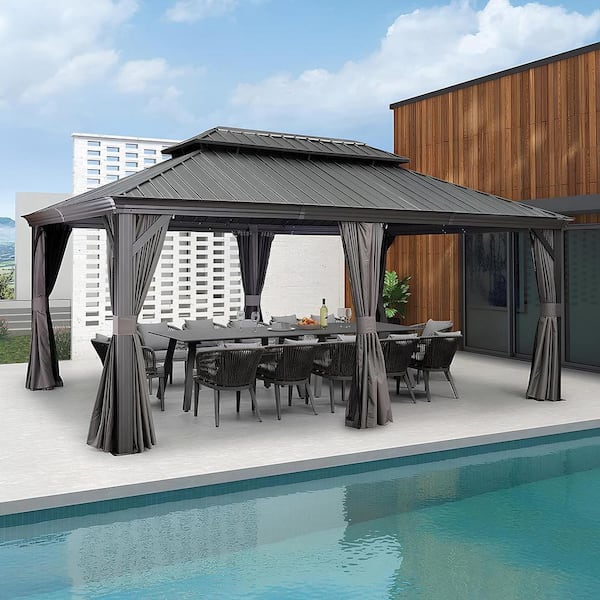 PURPLE LEAF 12 ft. x 18 ft. Gray Aluminum Hardtop Gazebo Canopy for Patio Deck Backyard Heavy-Duty with Netting and Curtains