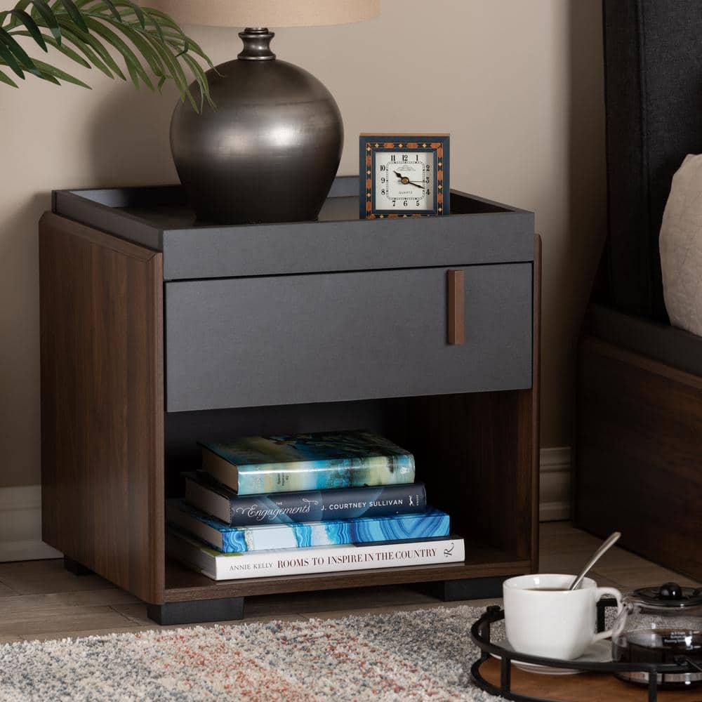 Contemporary Two-Tone Gray and Walnut 1-Drawer Nightstand