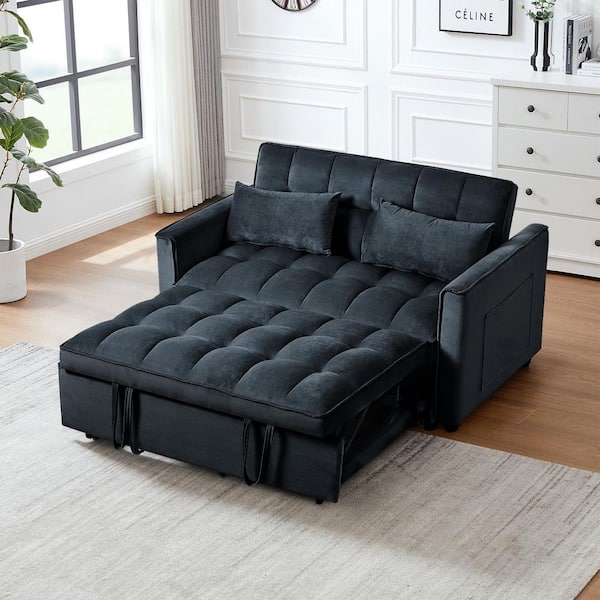 Seth 52.75 in. Black Velvet Upholstery Full Size 3 in 1 Convertible Sofa Bed with Adjustable Backrest, Pillows, Pockets