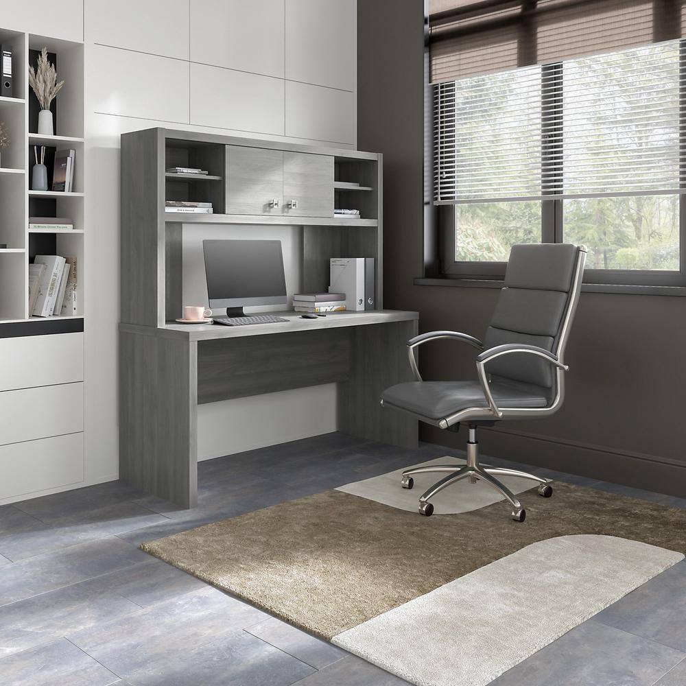 Modern Gray Wood Credenza Desk with Hutch and Filing Cabinet