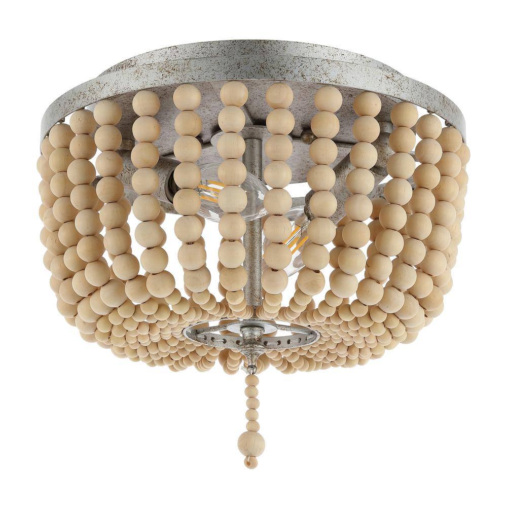 Antique Silver and Cream Wood Beaded Farmhouse Flush Mount Light